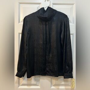 Vintage Allison Smith Black Sateen Blouse Textured Rose Patterned Pleated Sz 12